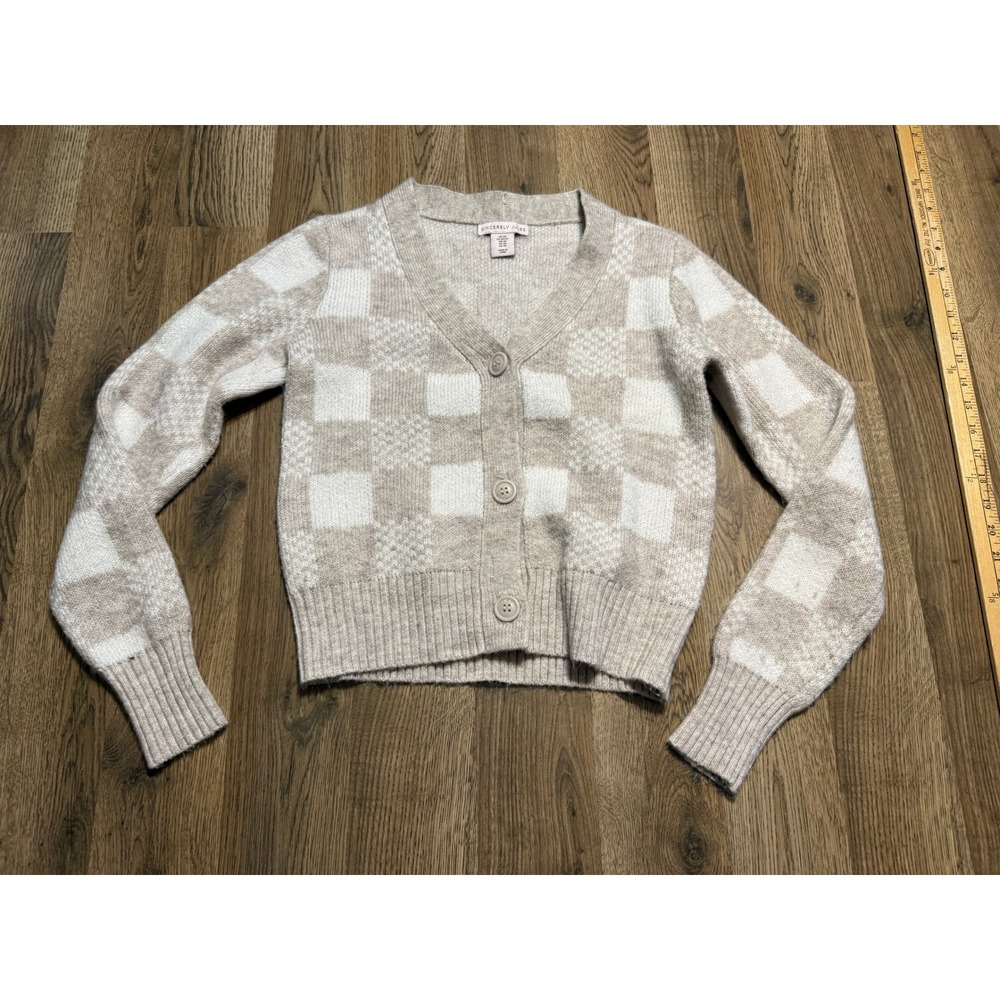 Sincerely Jules Sweater Women Size XS Beige Sweater V-Neck Checkered Knit